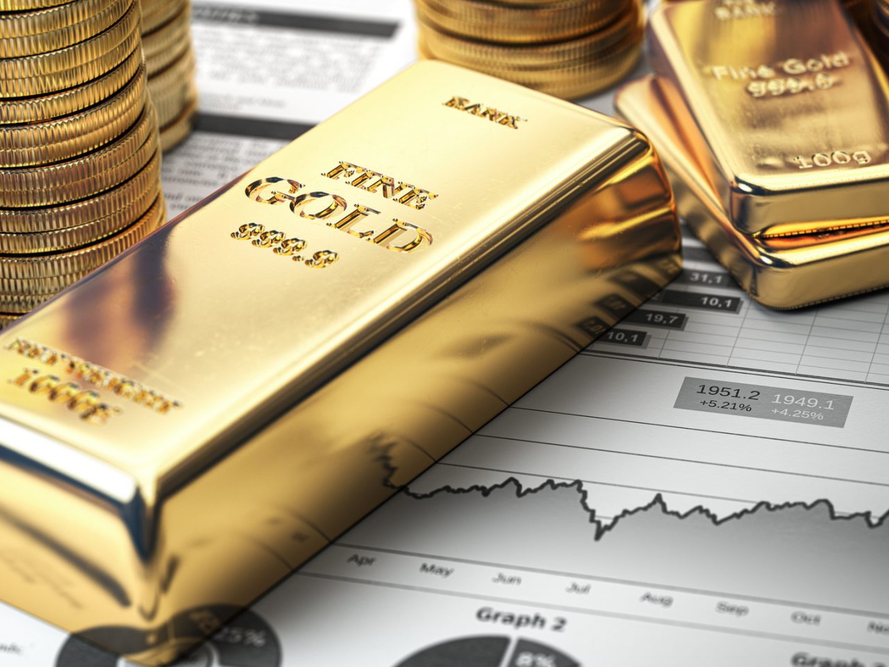 Gold bar, ingots and coins on financial  report. Growth of gold on stock market concept. 3d illustration